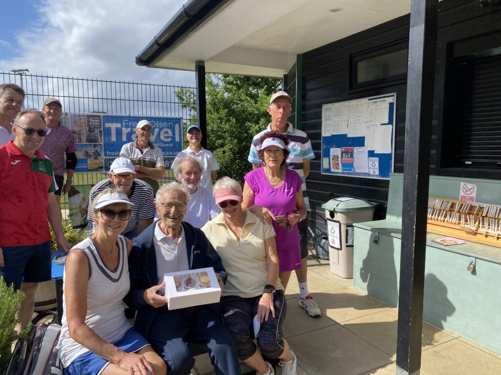 Sam Schuster celebrating his 98th Birthday at Woodbridge Tennis Club with friends