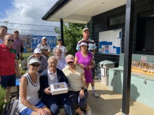Sam Schuster celebrating his 98th Birthday at Woodbridge Tennis Club with friends